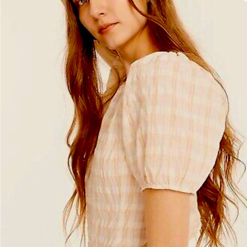 J. CREW SIZE 12 CREAM AND WHITE PUFF SLEEVE TOP IN TEXTURED PLAID NWT